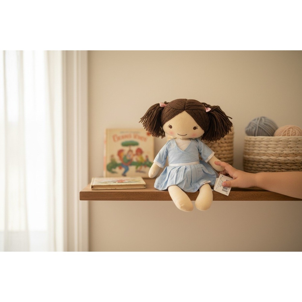 Nulife Matters Rag Doll Kids 12" Blue Dress Brand New Brunette Yarn Hair Plush